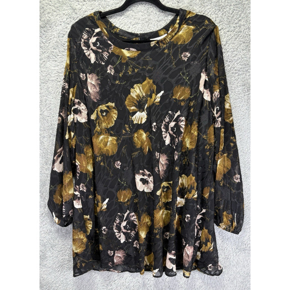 Susan Graver 1X Top Black Gold Floral Chiffon Long Balloon Slv Textured Boho - Picture 1 of 11